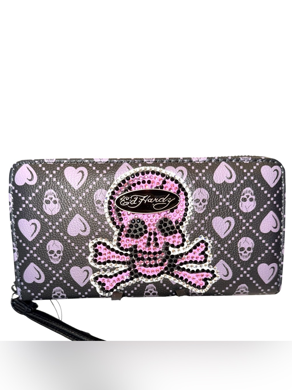 Ed Hardy Black & Pink Rhinestone Skull Zip-Around Continental Wallet